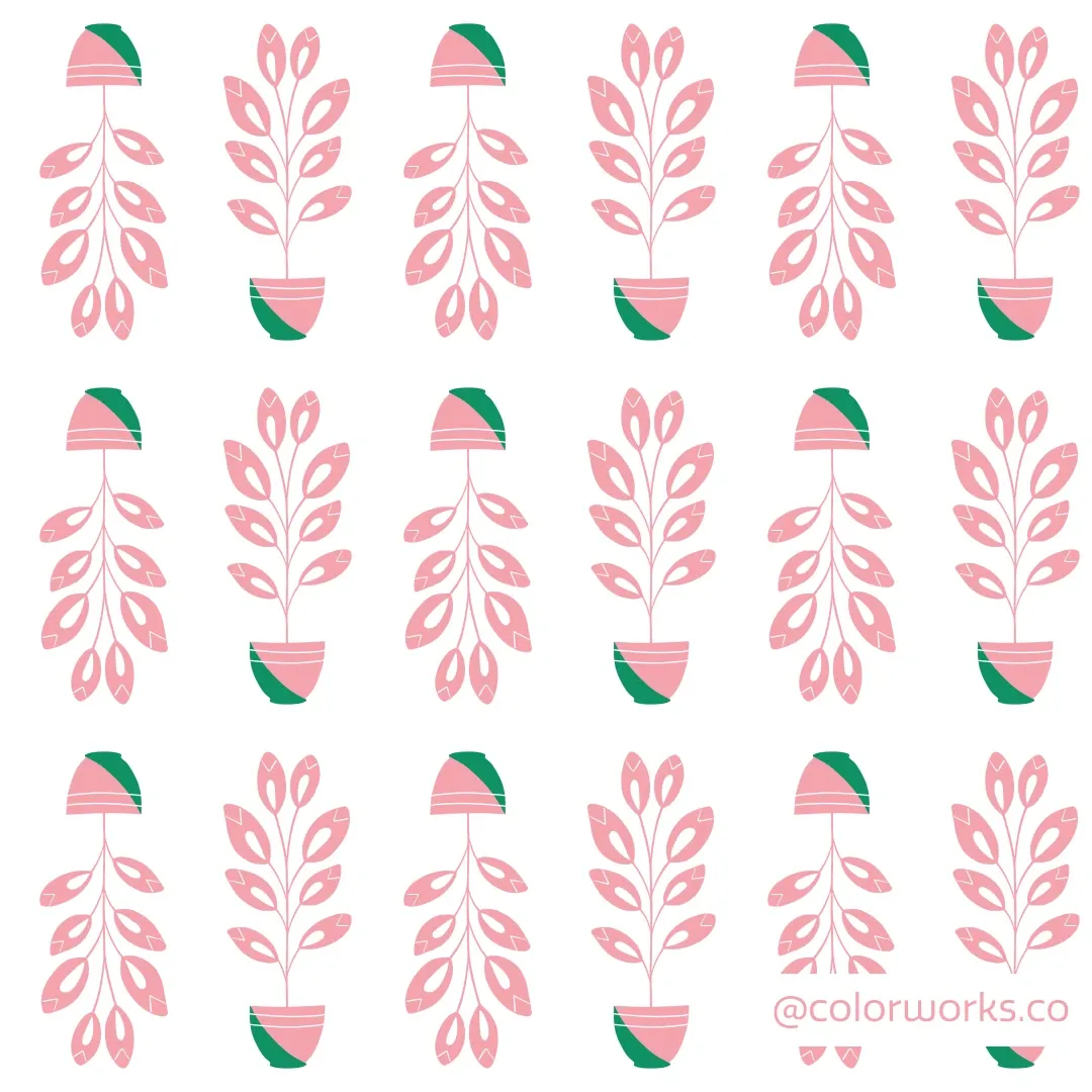 Repeating pink leafy plants in green pots on white.