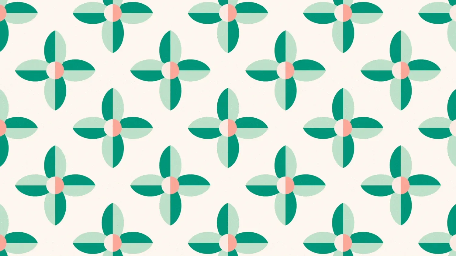 Four-petal flowers in green and coral arranged in a repeating grid.