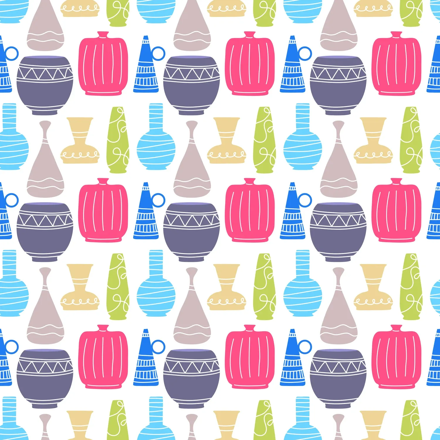 Rows of hand-drawn vases in pink, blue, yellow, and gray.