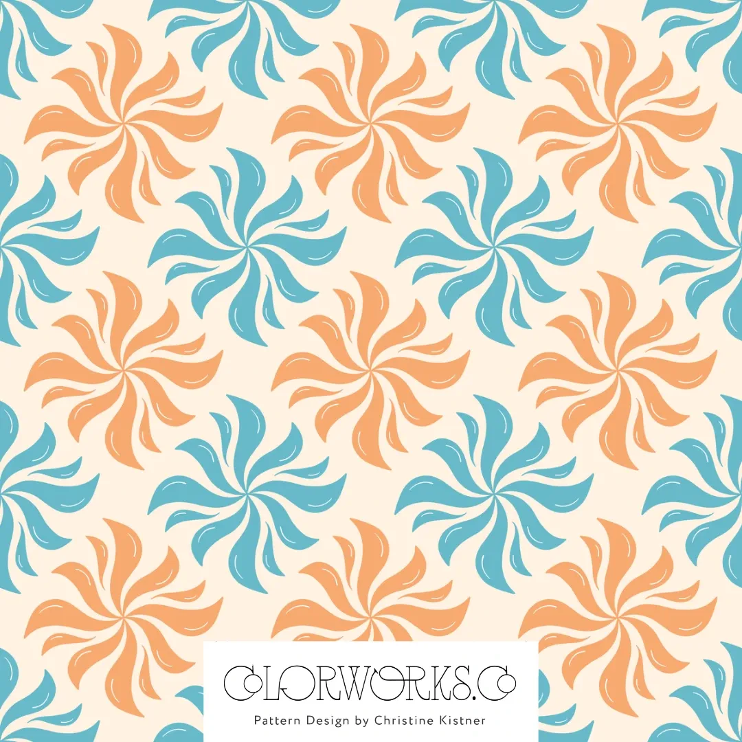 Pinwheel-like petals in peach and pale blue on cream.