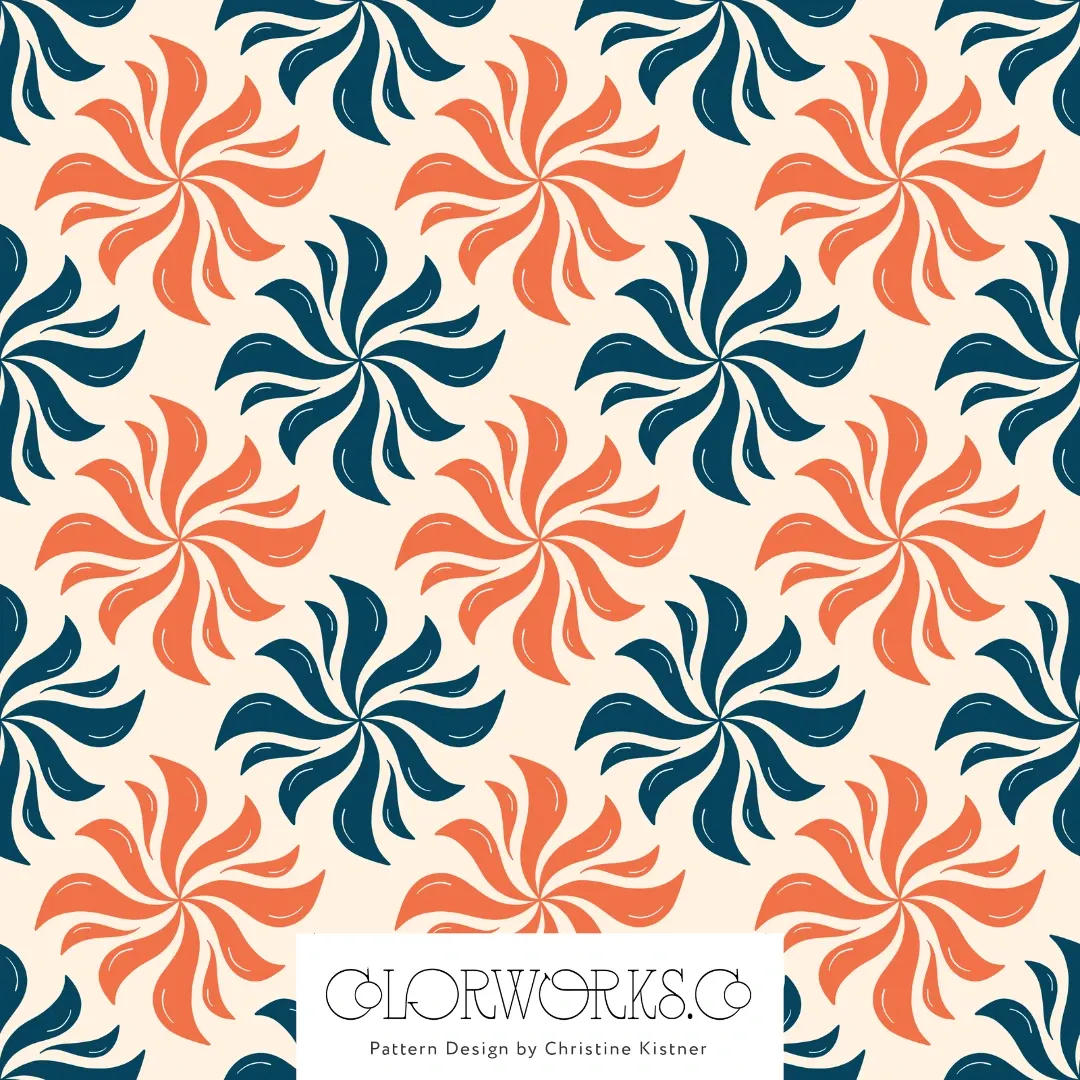 Sweeping petal swirls alternating coral and dark navy.