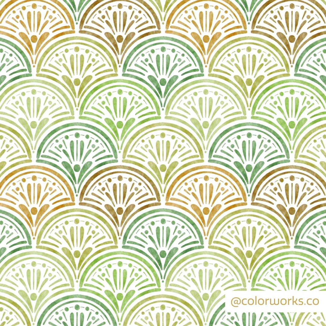 Fine scalloped shell tiles in green, olive, and pale orange.