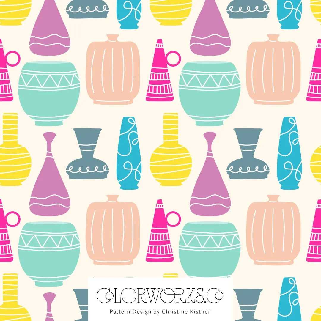 Decorated pink, yellow, and teal vases on white.