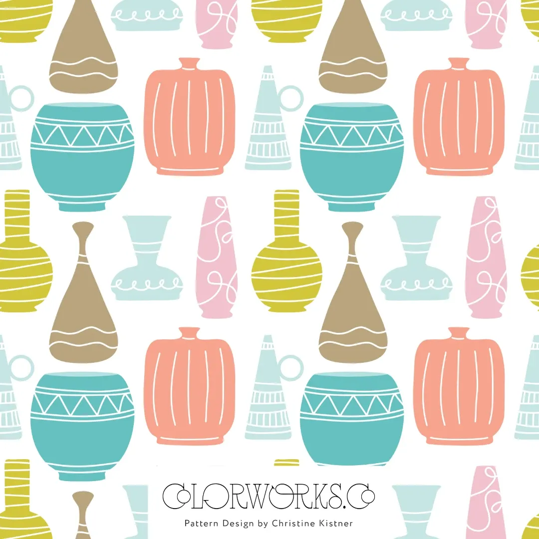 Rows of decorated vases in muted coral, olive, and pale teal.