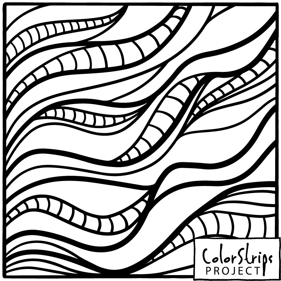 Twisty Waves: flowing wavy bands, some filled with stripes and dashes.