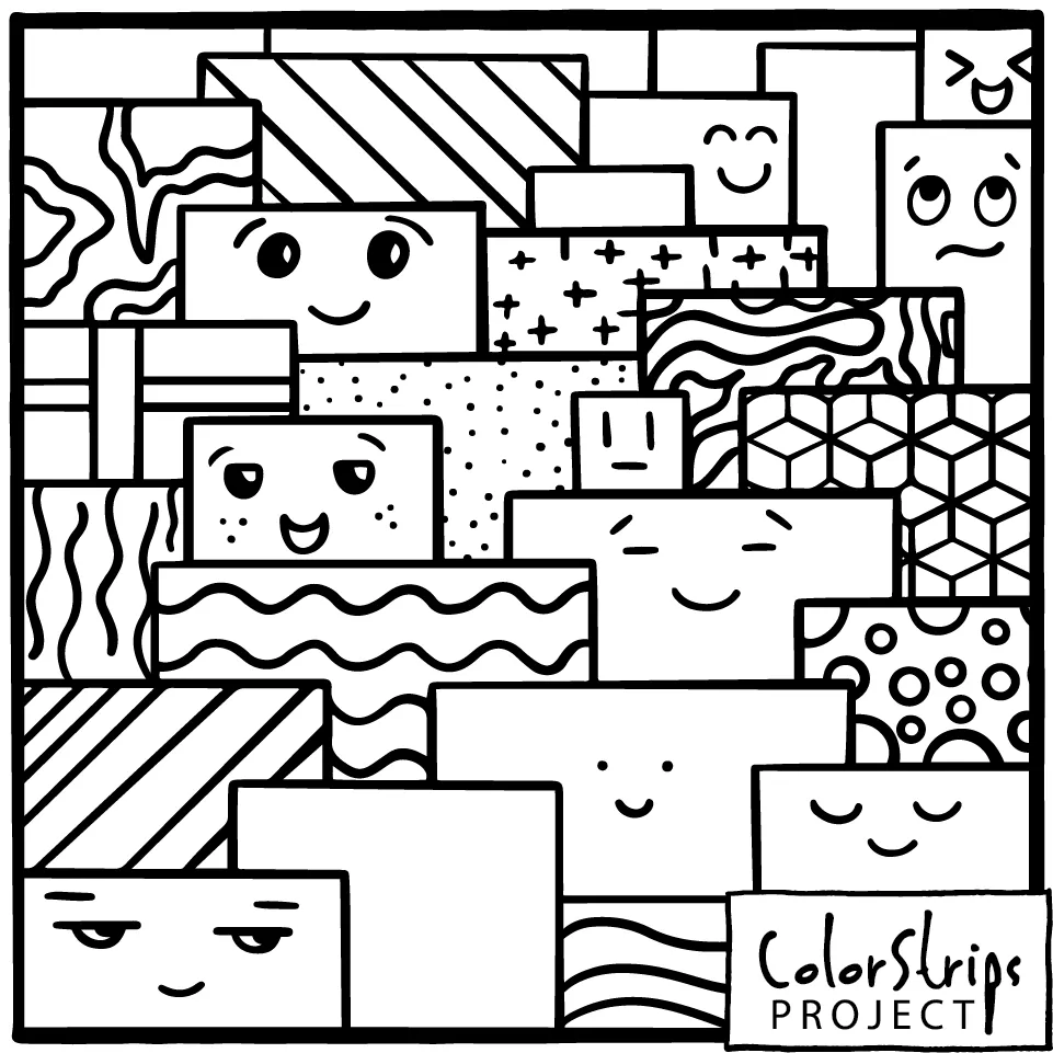 Brick by Brick: stacked blocks, some with smiling faces, others filled with dots and waves.