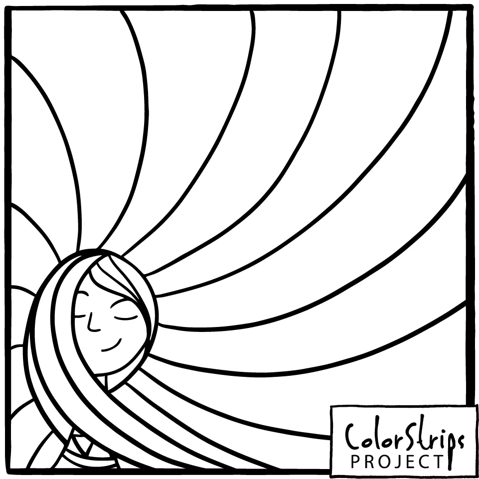 Wind: a woman with closed eyes whose hair streams out in sweeping curves.
