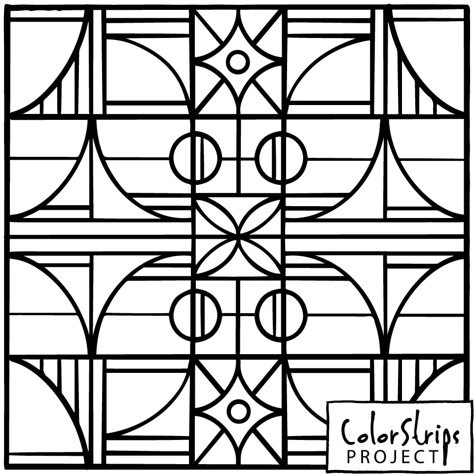Art deco grid of arches, circles, and four-pointed stars.