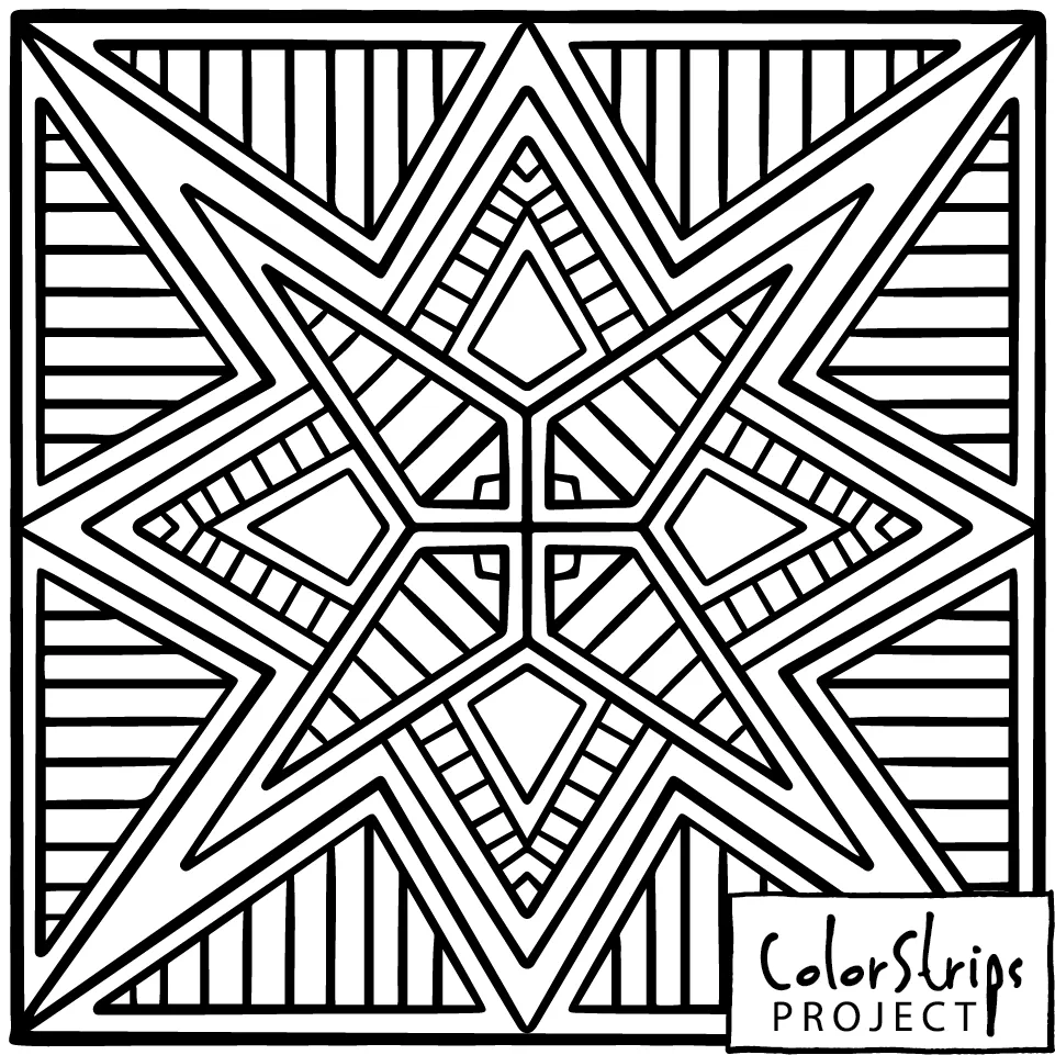 An eight-pointed star with nested outlines over a striped background.