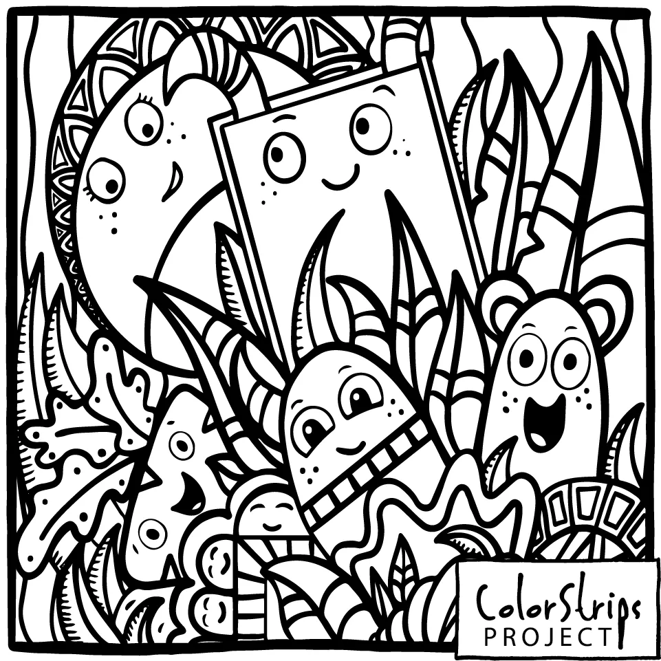 Doodle Friends: googly-eyed creatures and smiling shapes tucked among leaves.