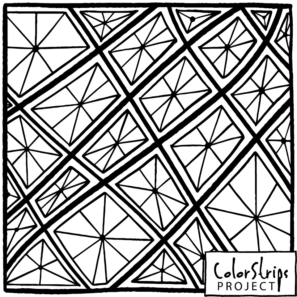 A Sea of Refractions: a diagonal lattice of diamonds with starburst lines inside.