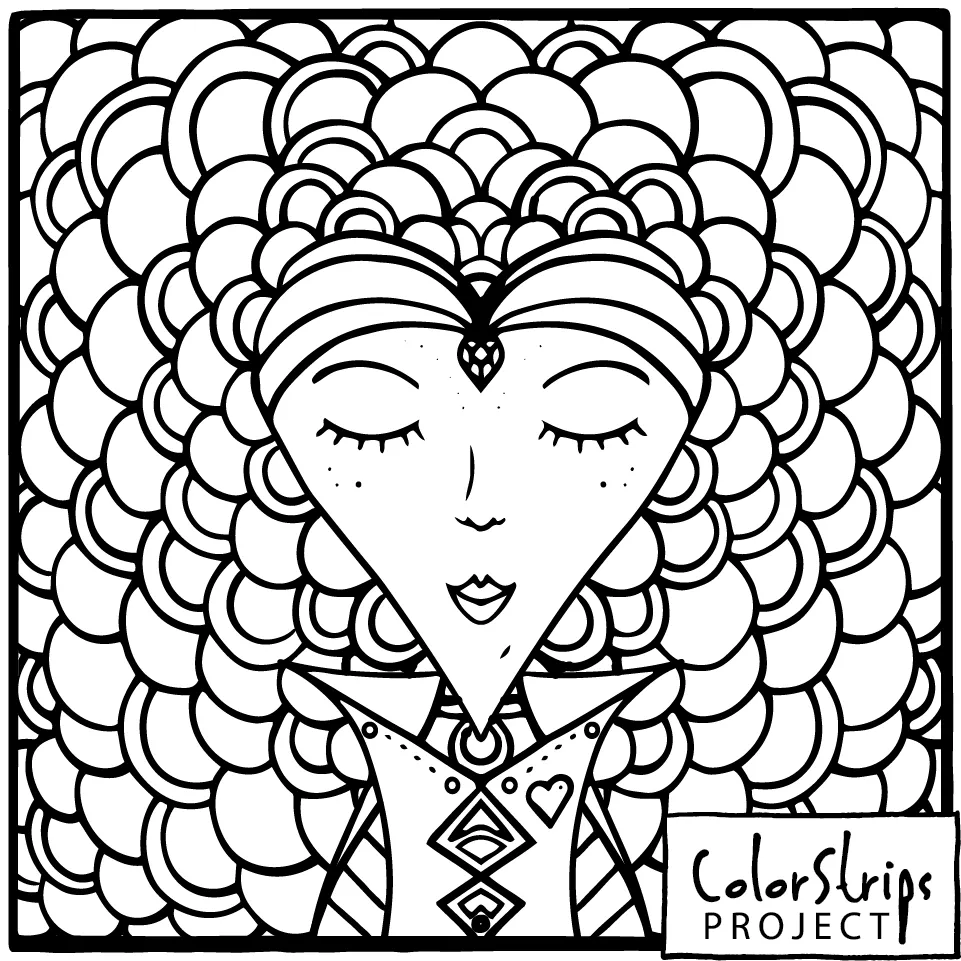 Queen of Hearts: a heart-shaped face with closed eyes and a crown of curls.