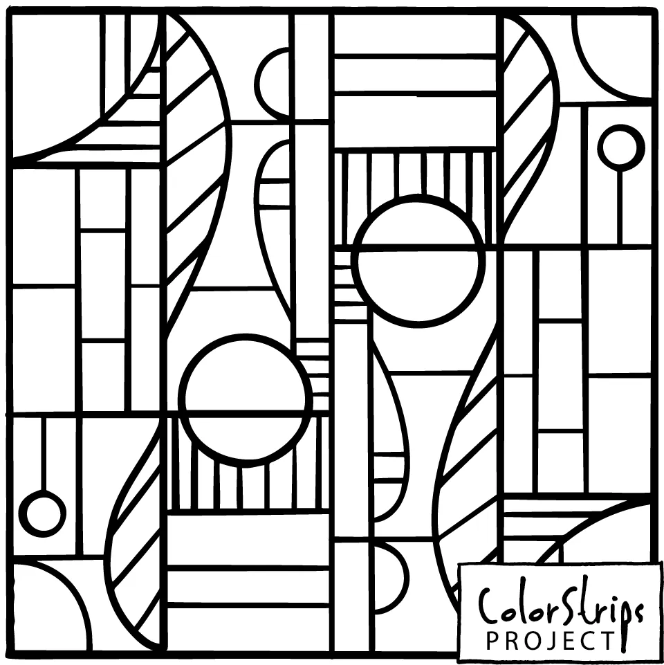 A stained-glass grid of circles, arches, and stripes.