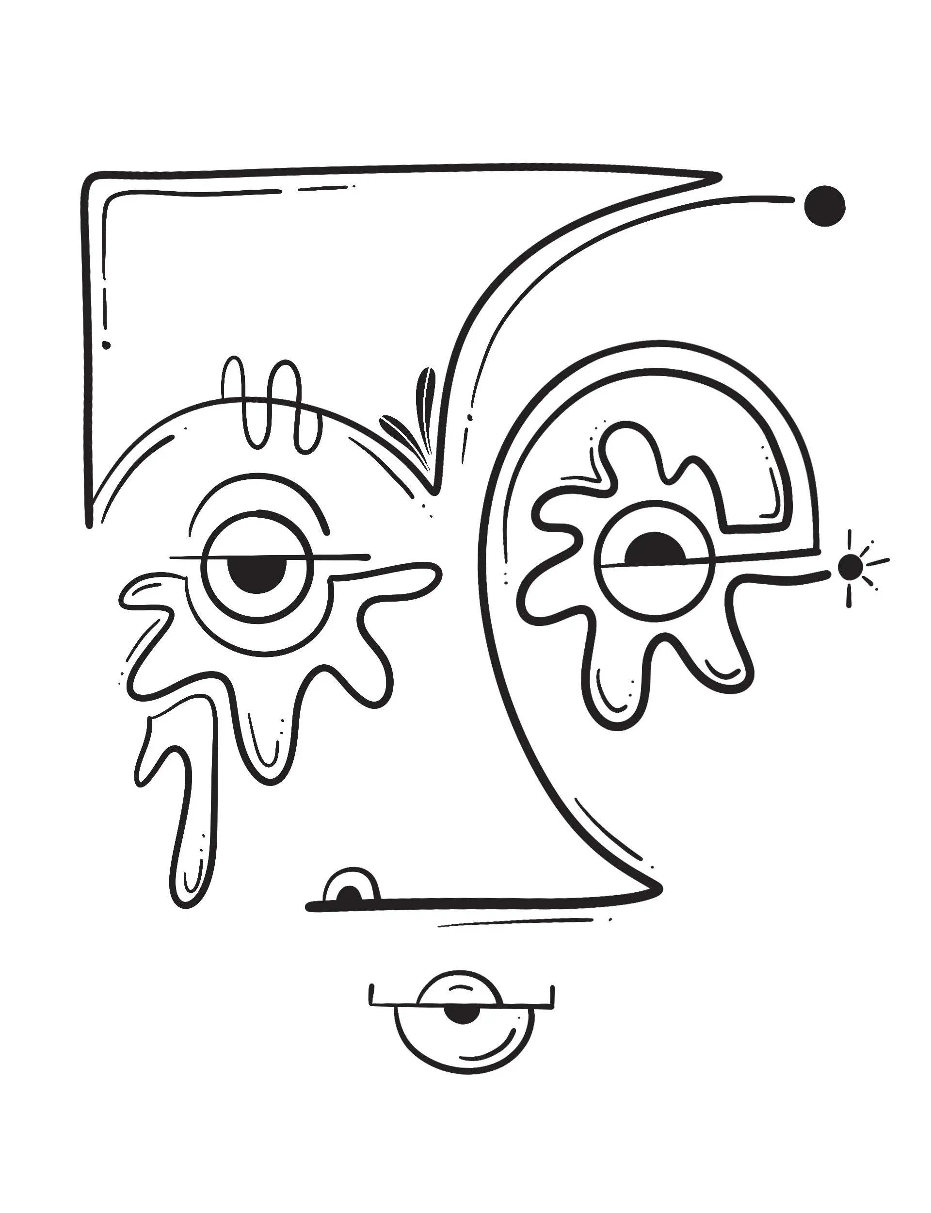 Contour line face with a square-topped head, flower-shaped eyes, and a tiny round mouth.