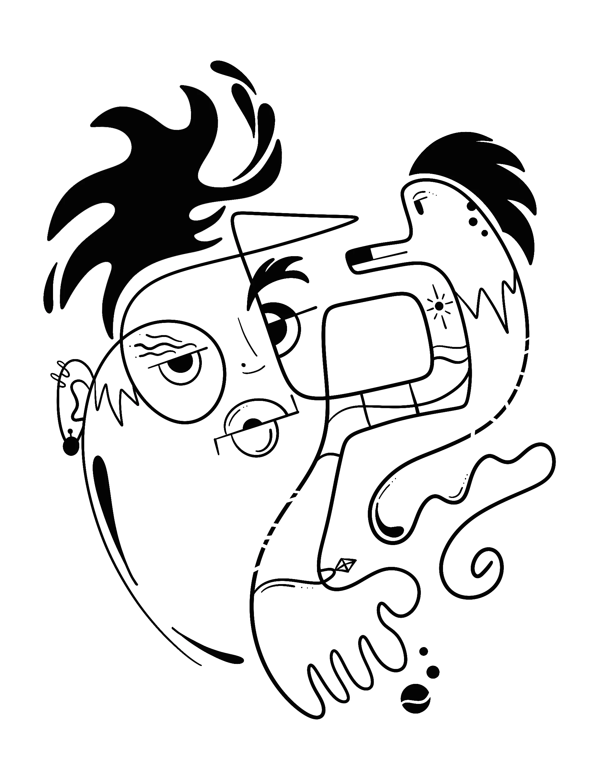 Cubist-style contour portrait with bold black hair, overlapping profiles, and wavy lines.