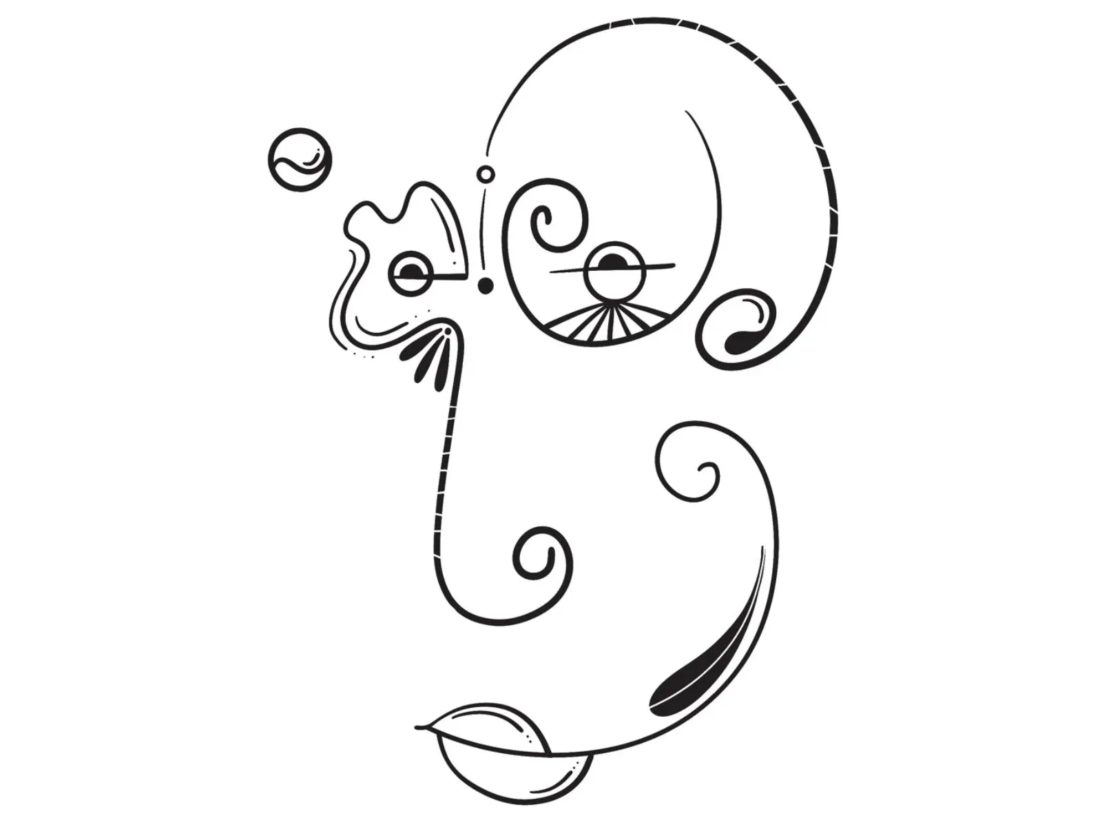 Contour line face built from spirals and swirls, with a leaf-shaped mouth.