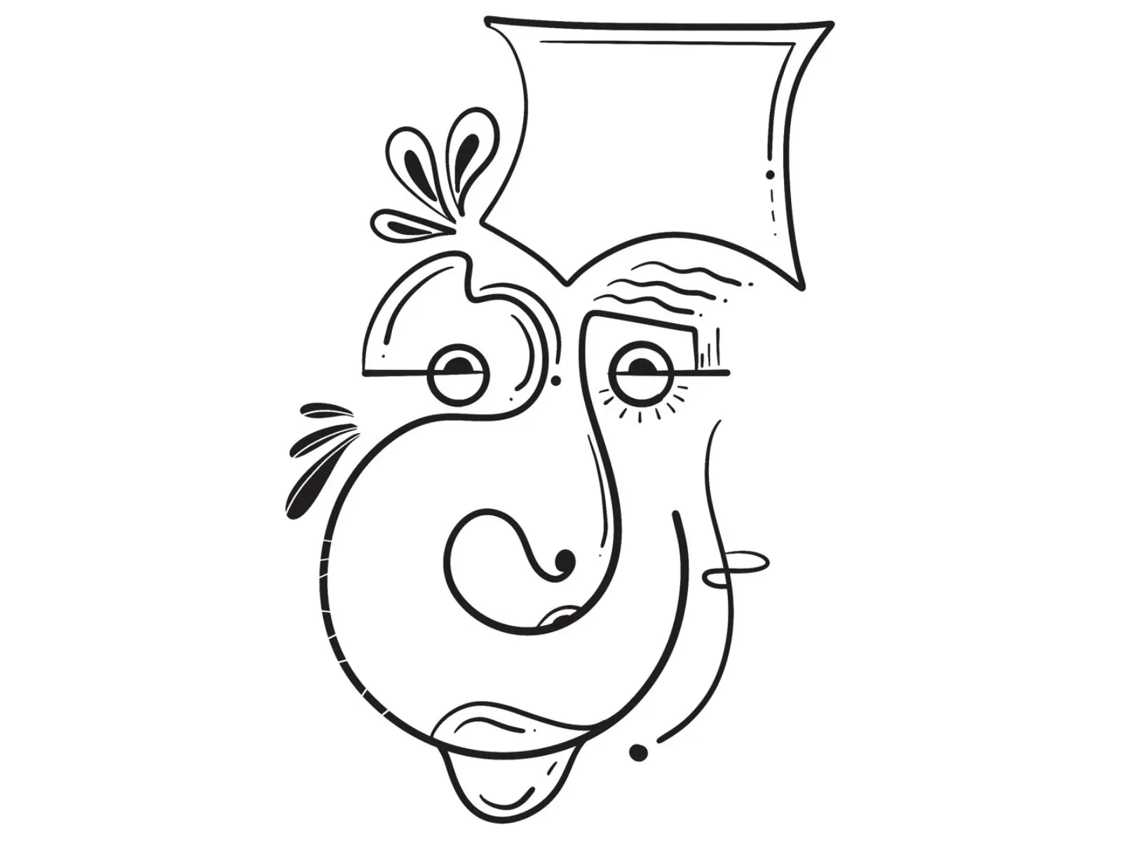 Contour line face under a square hat, with sprouting leaves and a pouting lower lip.