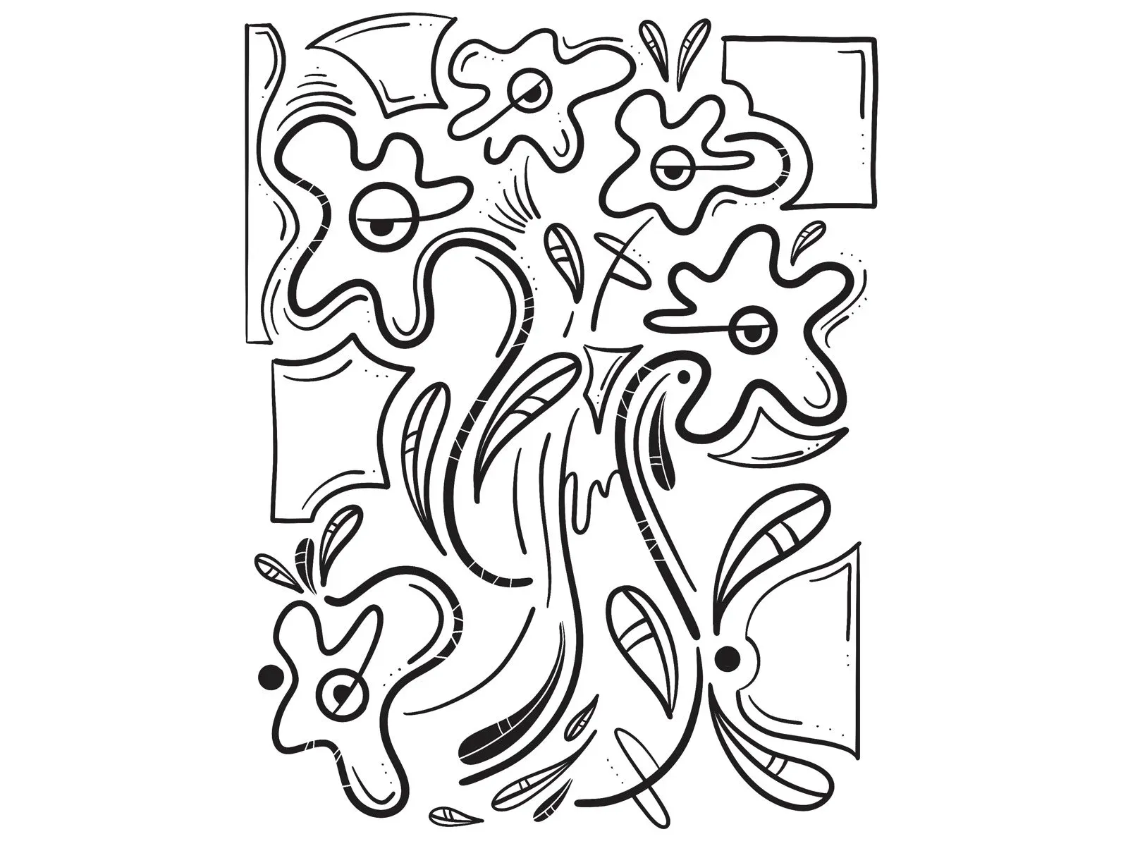 Contour line drawing of flowers with eyes, surrounded by leaves and swirling shapes.