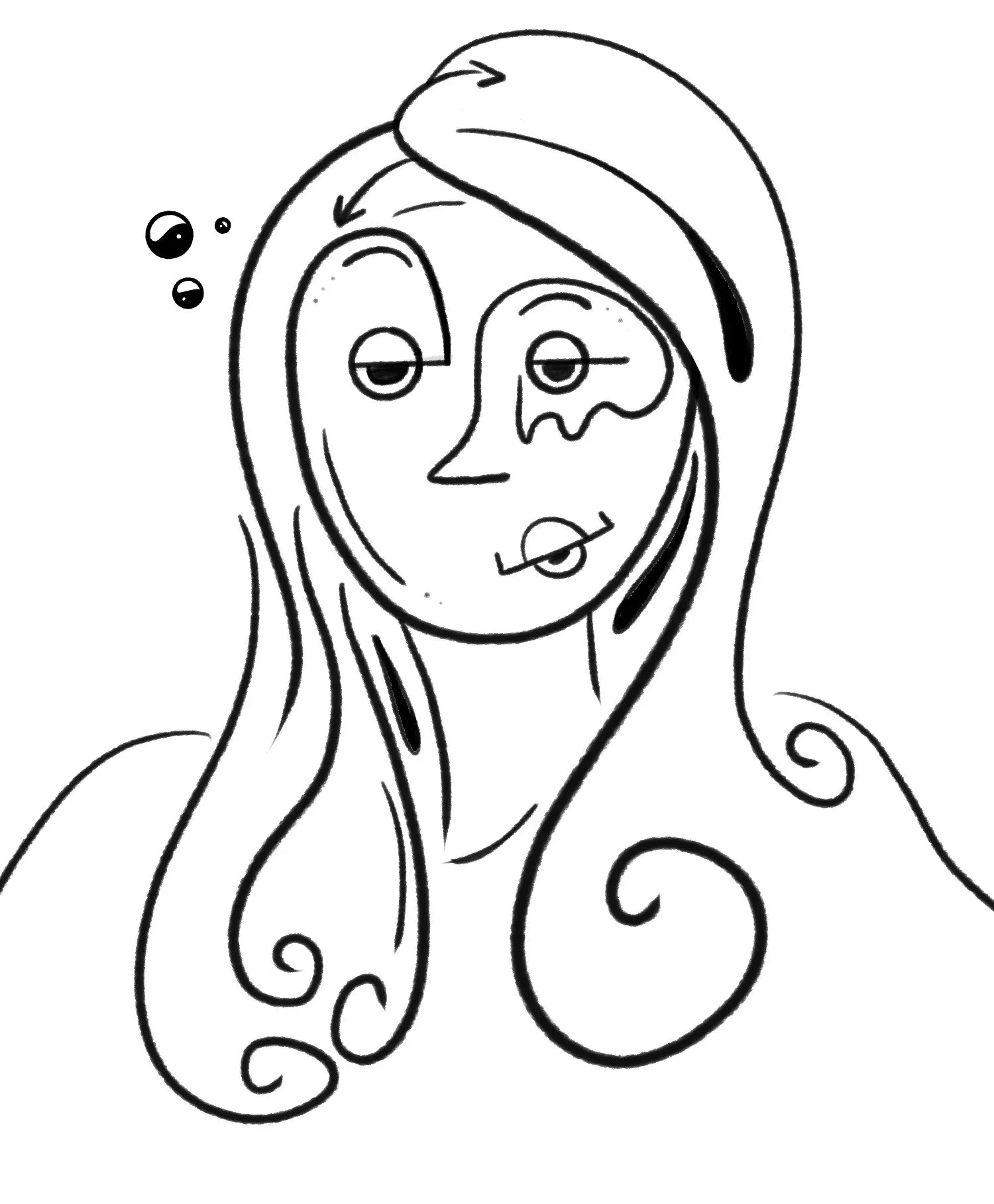 Contour line portrait of a woman with long, curling hair and a calm, sideways glance.