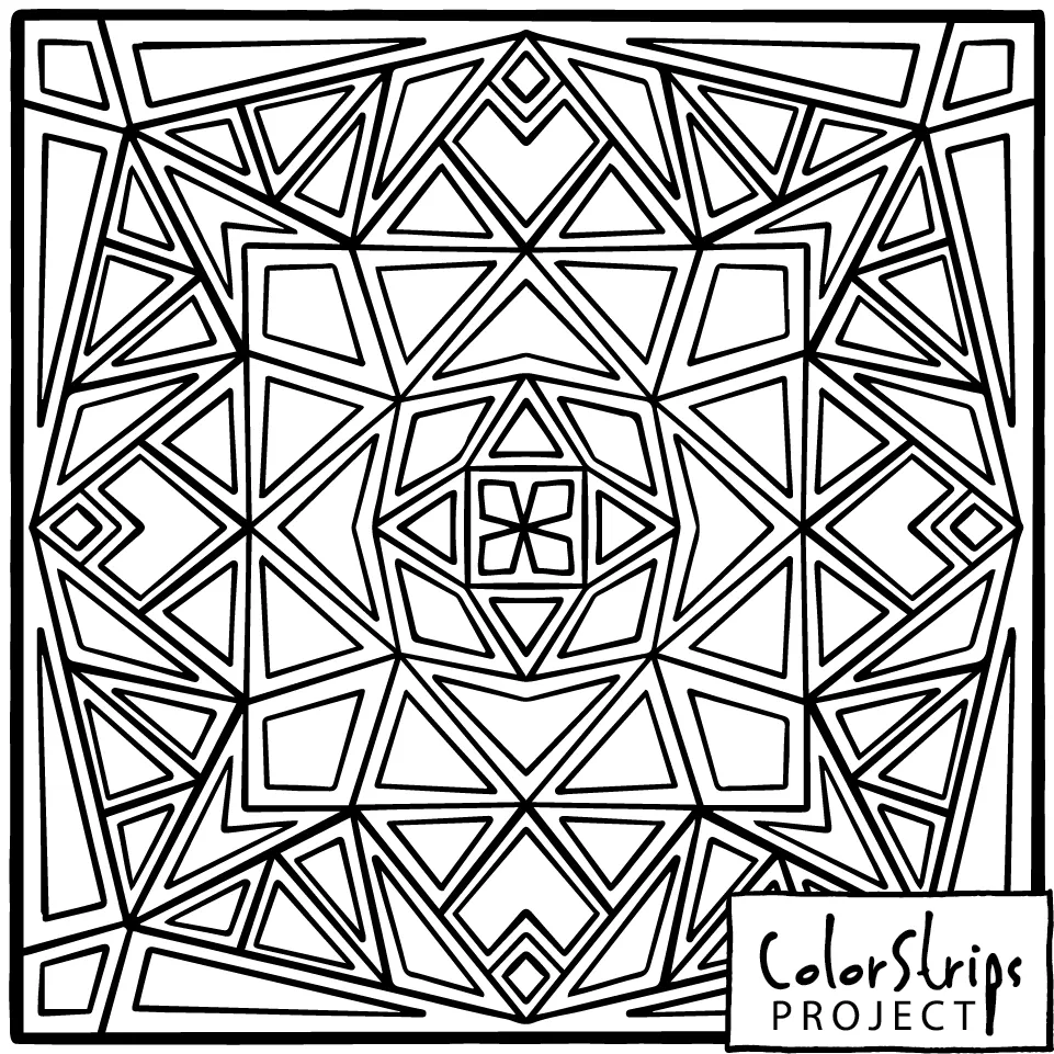 ColorStrips coloring square: a symmetrical kaleidoscope of triangles and diamonds around a small four-petal center.