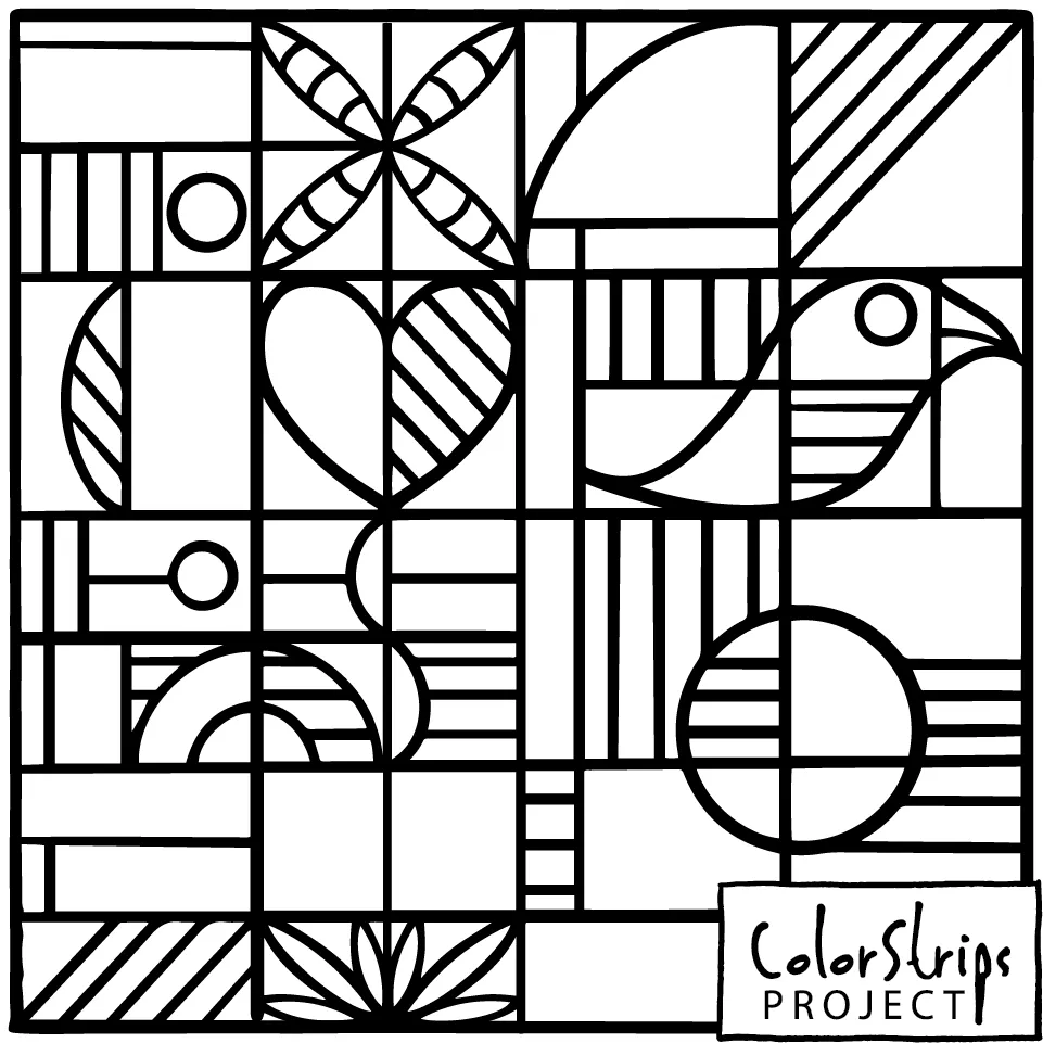 ColorStrips coloring square: a geometric grid of half-circles, stripes, a heart, a leaf, and a bird in profile.