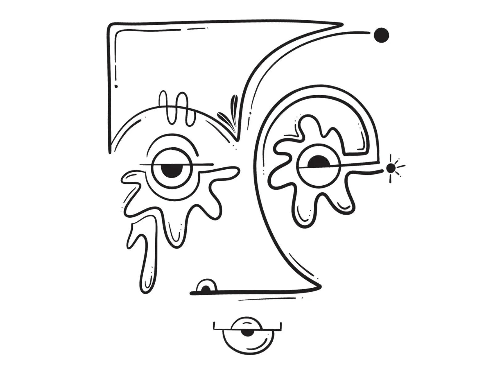 Contour line face with a square-topped head, flower-shaped eyes, and a tiny round mouth.